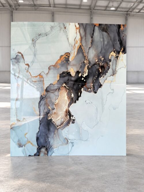 UV Marble Board แผ่นหินอ่อนเทียม Book Match Hi Gross ลาย Icy Onyx Gold - Image 7