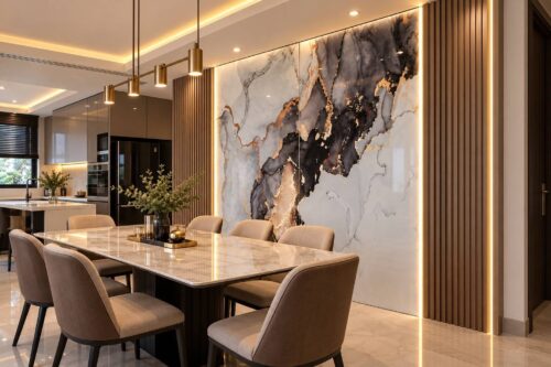 UV Marble Board แผ่นหินอ่อนเทียม Book Match Hi Gross ลาย Icy Onyx Gold - Image 6